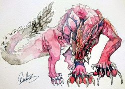 phlim-phlam:Watercolor Odogaron from Monster Hunter: World, by  @mhXbump on Twitter. Gallery site: pixiv 
