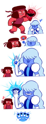 thismightyneed:  like, I dunno you guys but having in mind how Garnet’s gauntlets look, it make me think which kind of weapons the small mommas have, I personally think Ruby has a cute lil boxing glove and Sapphire having the fanciest and most magical