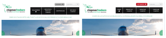 image of Chapman-Freeborn.com homepage for Germany and UK with different CTA colours according to cultural preferences - design and culture