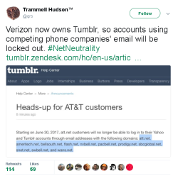 tzikeh:  obstinate-nocturna:  cameoappearance:  bloodqueenmsk:  source: https://tumblr.zendesk.com/hc/en-us/articles/115007729788-Heads-up-for-AT-T-customers In other words, if you’re using an ATT email for your Tumblr account, you need to go change