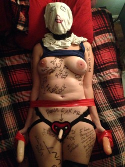 dumb-bisexual-slut:  Sheâ€™d rather not see my face now that sheâ€™s ready to fuck all these cocks I have to hold for her.  One graffiti&rsquo;d up whore&hellip; Can&rsquo;t quite get it all, but for starters: &ldquo;Dumb Cunt. Fuck my Mouth. Whore. Fuck