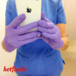 hotflwife: loveamasters:  hotflwife:  Letâ€™s try some with gloves on. Now what should come off?  Well the scrub top would be my pick  Requests for taking my top off, is that where I stop? 
