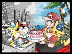 artsy-theo:  From Kanto to Alola and everywhere in between, the journey has been full of fun and always close to my heart. Happy 22nd anniversary, Pokémon! ❤