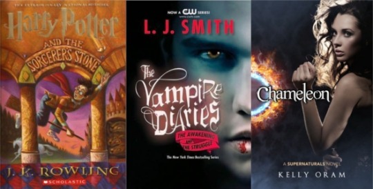 Harry Potter & The Sorcerer's Stone by J K Rowling, The Vampire Diaries by L J Smith, & Chameleon by Kelly Oram