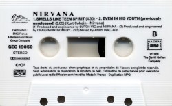 nirvananews:  Nirvana’s ‘Smells Like Teen Spirit’ single cassette. This white version was released in France, September, 1991. Both sides A/B featured the same track listing with ‘Teen Spirit’ played first and ‘Even In His Youth’ second.