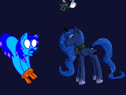 ask-luna-and-tiberius:  helpabluehorse:     The natural tallness of Alicorns means if one is to kiss ask-luna-and-tiberius they must use the perilous stool.   Luna: The stool works much better when held still.  x3! Ohmy~ c:
