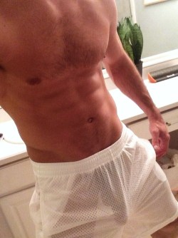 2hot2bstr8:  literally love EVERYTHING about this picture.the bulge…the big dick…the gym shorts…the body hair….the body….i could go on and on♡♡♡