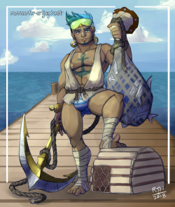 sassmaster-artjay: Fisherman Keenan has joined the party! i know theres a theme list for magic meat march i should be following, but i just wanted to draw a hunky fisherman in a speedo with starfish pasties and an anchor weapon throw me a ko-fi? 