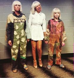 Kristen Wiig, Sia, and Maddie Ziegler, backstage at the Grammys