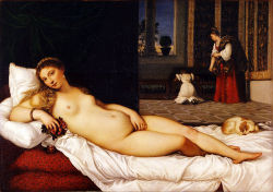 Venus of Urbino by Titian. One of the first unapologetically erotic paintings from post-Classical Europe. Mark Twain thought it was &ldquo;the foulest, the vilest, the obscenest picture the world possesses.&rdquo; Times have changed, but this painting