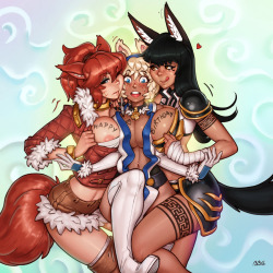 bbc-chan:  Birthday Artwork - Vivian, Shephira &amp; JakarFrom left to right:Vivi belongs to ClockworkVivi, Shep (and this artwork) are property of Cert and Jak is owned by Cathare.