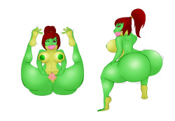 Frog OC concept art 1  More of my new frog OC. Help me name her And help me figure out a personality  She´s about 90 cm tall, has long red hair, not always in a pony tail, with short cute bangs. She got big round boobs, and an even bigger ass. She got