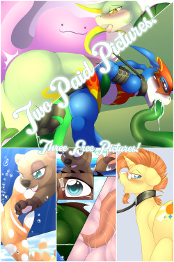 This months mixed bag as promised!Two lovely full cg pictures with edits for you lovely digimon and pokemon peeps, a naughty sunburst for my ever present MLP fans, and even the first two pages of my in progress comic to sate those hungry sizeplay appetite