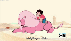 Steven is hardcore, he just climbs onto the back of a lion like its nothing
