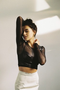 americanapparel:  Lauren in the Shiny Mesh Long Sleeve Crop Top, the Lame Stretch Bustier with the Printed Leather Mini Skirt by American Apparel. Shop our leather collection here!  this girl is gorgeous!