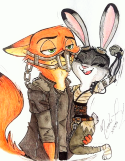 wanderingdoodles:  What a lovely day!!!  I’m stupidly happy for Mad Max &lt;3! Made this during the Oscars and forgot to post it. (I’m obsessed with both movies SO much) and I’m 100% sure that Nick and Judy would love Furry Road, too~ Poor foxy