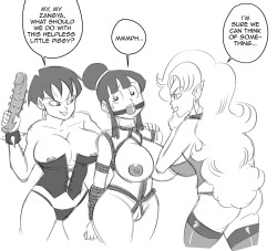   Anonymous asked funsexydragonball:  Who is your DBZ OT3?  Zangya x Chichi x Selypa.  Honestly, I don&rsquo;t know how I found the time to sketch this. 