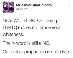africanmuslimunicorn: Felt like it needed to be spelled out clearly, since White LGBTQ+ people seems to think that they gain racist privileges by not being cis/het/cishet. Sorry to break it to you, No.