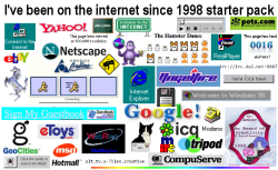 6stronghands:laurelinssong:atopfourthwall:  commodorez:texelations: texelations:  I’ve been on the internet since 1998 starter pack Reblog this if you are an old fogey online Reblog this instead if you are a young whippersnapper  Things this starter