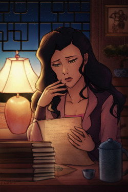 my piece for the recent korrasami zine by @catstealers-zines​. I tried to illustrate the scene we never got to see, where asami reads korra&rsquo;s letter to her ;w;
