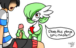 A Gardevoir giving her trainer a handjob. It’s about time I did some Gardevoir stuff. Gardevoir’s actually my second favourite Pokemon (not just because she’s sexy, but also because she’s a bad ass). My first favourite is Lucario. I used to ship