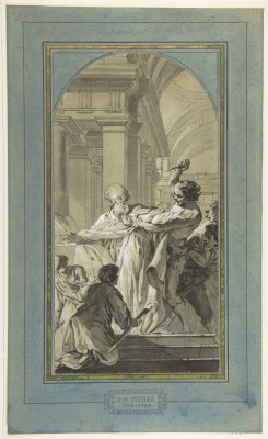 Jean-Baptiste Marie Pierre The Martyrdom of Saint Thomas Becket, Archbishop of Canterbury pen and black ink, brush and black and gray wash, heightened with white, over traces of black chalk, on gray-green paper; c. 1748 