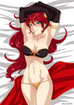 y8ay8a:Winner of my first Ko-fi art raffle! @homebasered picked a Pyrrha pin-up :) Keep your eyes peeled for a second art raffle to come! &lt; |D’‘‘