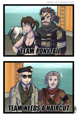 zabka-zee:  BONUS PANEL: I think I just wanted an excuse to draw the very subtle joke of a horse’s tail being a ponytail. D Horse is the true leader of Team Ponytail. Either way, Big Boss rocks that gross ponytail. What a babe. More of my MGS fanart.
