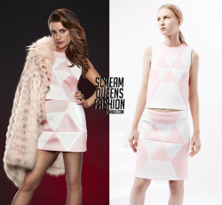 screamqueensfashion:  WHO: Lea Michele as Hester UlrichWHAT: Opening Ceremony Seamed Umbrella Neoprene Top &amp; Pencil Skirt - Sold OutWHERE: Scream Queens Season 1 Promotional PicturesWORN WITH: Sompers coat, Steve Madden sandals