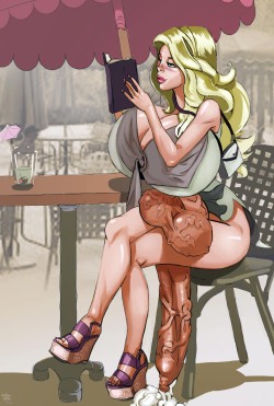 Commission I did for olbom of his character Opal Svennson. Â She is from the unusually chilly kingdom of Sweden- a very hung futa with enormous breasts as well. Â In this scene she is sitting at a cafe invested in an exciting chapter in her novel she