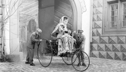 historicaltimes:  Bertha Benz  in a Benz Patent-Motorwagen . Bertha is credited with making the first long-distance automobile drive . via reddit