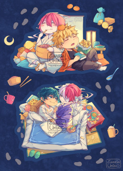 ezaria-umiko-art:  Youkai sticker sheet for the @myyoukaiparade zine.Pre-orders have opened and will run until July 20.Kirishima and Todoroki are zashiki warashi, house spirits that affect the prosperity and luck of the homes they visit, and are welcomed