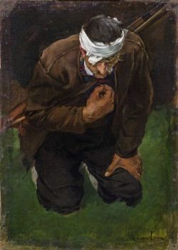Albin Egger-Lienz (Austrian, 1868-1926), Kneeling Farmer, study for Ave Maria after the Battle of Bergisel, 1894-1896. Oil on canvas on cardboard, 42.5 x 60.5 cm.