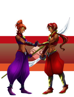munettie:  A commission for J33nah, these are her original Gerudo characters; Nacarat and Scarlet. They are Gerudo Twins! I really enjoyed drawing them! If you’re interested in commissioning me you can find more information here.