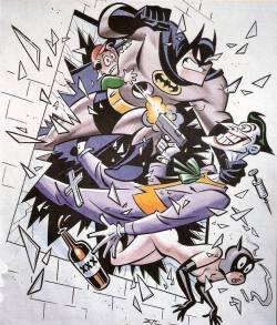 ninsegado91:  ferdisanerd:  bear1na:  Batman vs. The Joker by Bruce Timm *  Bruce Timm actually created this image to illustrate the 9 things he was not allowed to depict in BTAS. Here is the full illustration with the bottom part which was cropped. Can