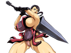 Powerful and legendary busty oppai female hentai warrior preparing a strike so massive that her big tits pop out of her skimpy dress with her massive sword (so massive it took all the metal in the kingdom so there was none left to make her armor, hence