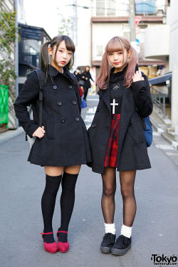 tokyo-fashion:  Twin Japanese sisters Mim (right, pink hair) and Mam (left, darker hair) on the street in Harajuku wearing E Hyphen World Gallery coats, Vivienne Westwood, Bon Bon, Tokyo Chiip Lovers &amp; more. They’re both Zipper Magazine models,