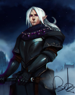destr:Painted a “title screen” for my DnD campaign - featuring one of the side villains - Ninra D’Lothia, a warlock who has struck a deal with a demon to keep his other half’s soul in this world, but in exchange he must commit some not so nice