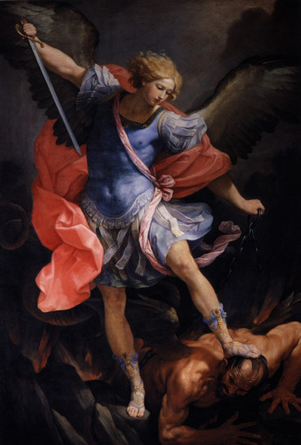guido-reni: The Archangel Michael defeating Satan, 1635, Guido Reni Medium: oil,canvas 
