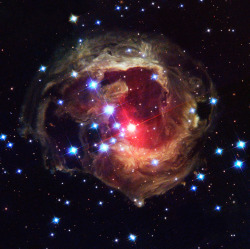 just&ndash;space:  Image of the star V838 Monocerotis  reveals dramatic changes in the illumination of surrounding dusty cloud structures. The effect, called a light echo, has been unveiling never-before-seen dust patterns ever since the star suddenly