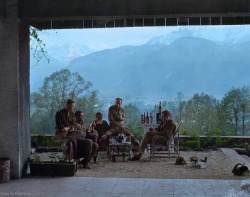   Major Richard Winters, Captain Lewis Nixon, and other officers of Easy Company (portrayed in HBO&rsquo;s Band of Brothers) celebrate V-E day in Hitler&rsquo;s private residence, Berchtesgaden, in the Bavarian Alps. May 8, 1945  