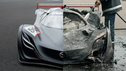 itcars:  Top Gear Magazine Destroyed the Mazda Furai There aren’t many details yet aside from the merged together before &amp; after photo and a brief statement from the Top Gear team;   &ldquo;Forgive us, for we have sinned. Top Gear is responsible