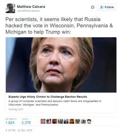 heymrsamerica:  dreamrelapse:  winterpunk:  27teacups:  cadaverish:  bonkai-diaries:  So according to computer scientists, the election results might have been hacked in 3 important swing states. x x  “The scientists, among them J. Alex Halderman,