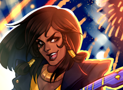 mad-maddie:Cropped preview of my piece for the @ittakesawomanzine ! As you can probably guess this one’s heavily inspired by Pharah’s air guitar emote.