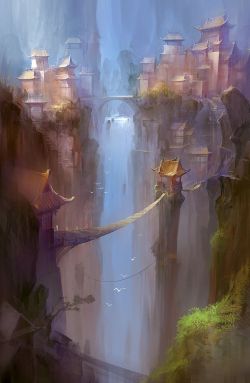 fantasy-art-engine:  Bridges and Waterfalls by Chen Zhe 
