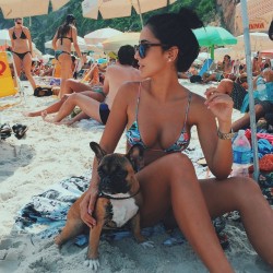 sweet teen with real sweet breasts and hot booty in bikini enjoy on beach with her cute dog 