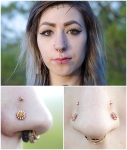 dansteinbacher:Paired high nostril piercings I did on my girlfriend Annemarie at @saintsabrinas about two months ago. She’s wearing some 14k rose gold three bead clusters from @bvla . While I didn’t do her traditional nostril piercings, we also ordered