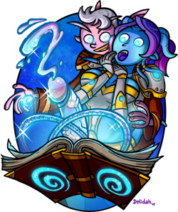 Delidah showing off some of her specialty spells to a curious Draenei. She takes great pride in creating creative and delicious spells for customers of all sorts!