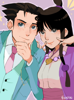prospectkiss:  wonderfulworldofmoi:  They think they’re still hip and cool. I’m a bit late, but I had to draw something for Ace Attorney’s 15th anniversary! what better celebration than to have them back together aaa ( = w = ) !!  Very pretty and