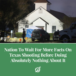 theonion: WASHINGTON—In the wake of a shooting in Sutherland Springs, TX that left at least 26 people dead and 20 wounded, the nation declared its intent Monday to wait for more facts on the mass slaughter before doing absolutely nothing about it. “We